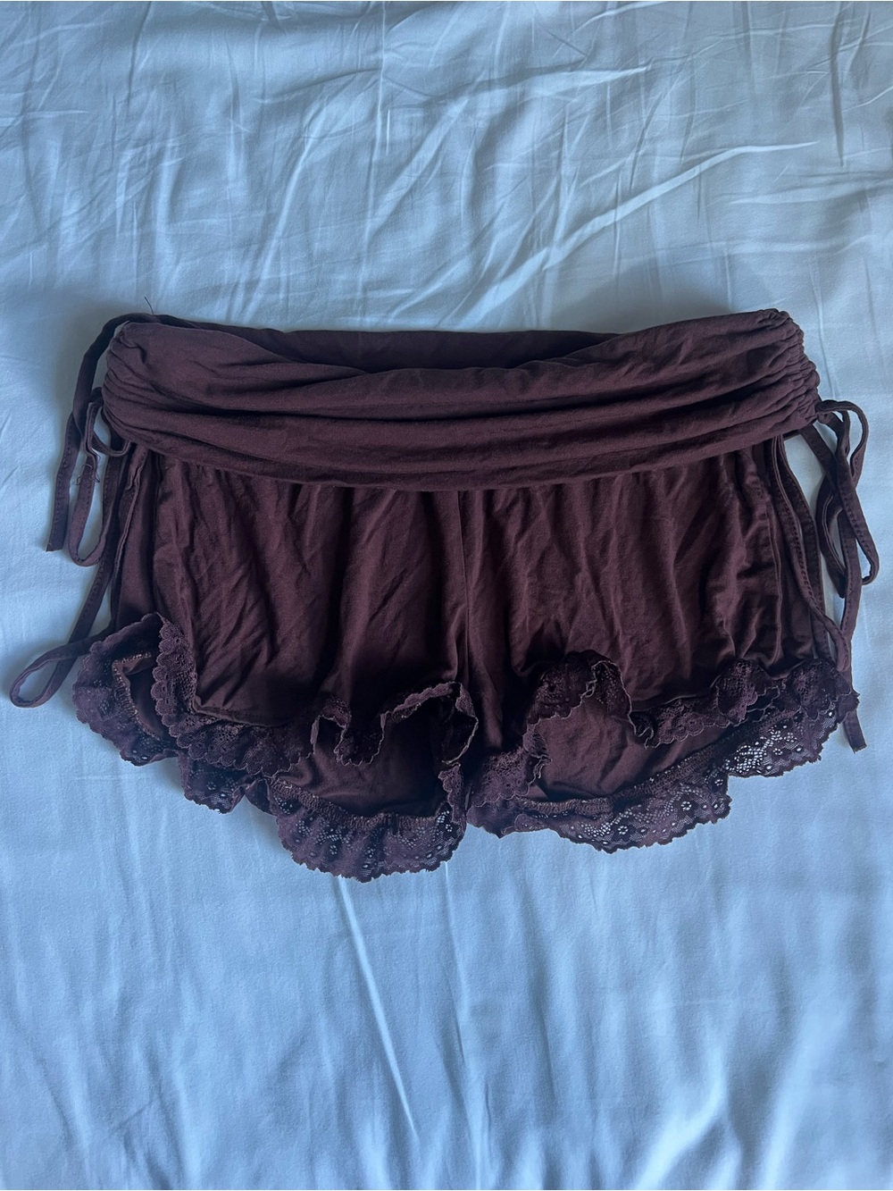 Brown fold over lace trim shorts